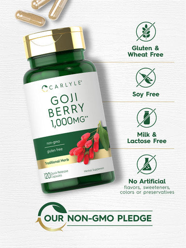 Goji Berry 1000Mg | 120 Capsules | Concentrated Extract From Wolfberry Plant | Non-Gmo, Gluten Free | By Carlyle