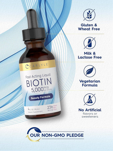 Carlyle Biotin Liquid Drops 5000mcg | 4 fl oz | Berry Flavor | Vegetarian Non-GMO & Gluten Supplement