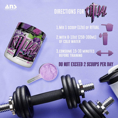 ANS Performance Ritual Pre Workout (30 servings, 12.7 oz) - Complete Preworkout Formula Workout Volume - Endurance & Stamina (Grape)