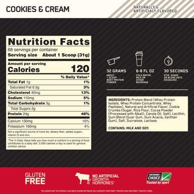 Optimum Nutrition Gold Standard 100% Whey Protein Powder Cookies And Cream 4.65 Pound (Packaging May Vary)