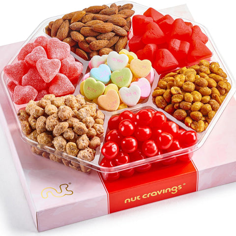 NUT CRAVINGS - Purim Mishloach Manot Mixed Nuts Gift Basket in Red Gold Box (7 Assortments, 1 LB) Ramadan Gifts Treats for Adults, Food Arrangement, Healthy Snack Care Package, Kosher