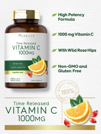 Carlyle Vitamin C 1000Mg | Timed Release | 120 Vegetarian Caplets | With Rose Hips | Non-Gmo & Gluten Free Supplement