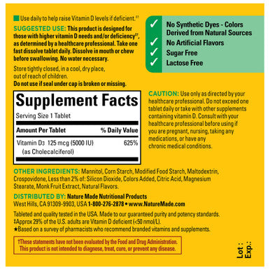 Nature Made Extra Strength Vitamin D3 5000 Iu (125 Mcg) Vitamin D Supplement For Bone Teeth Muscle Immune Health Support 70 Sugar Free Fast Dissolve Tablets 70 Day Supply