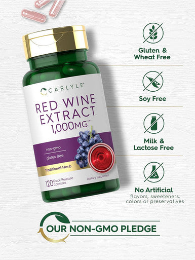 Carlyle Red Wine Extract Capsules | 1000mg | 120 Count | Non-GMO and Gluten Supplement