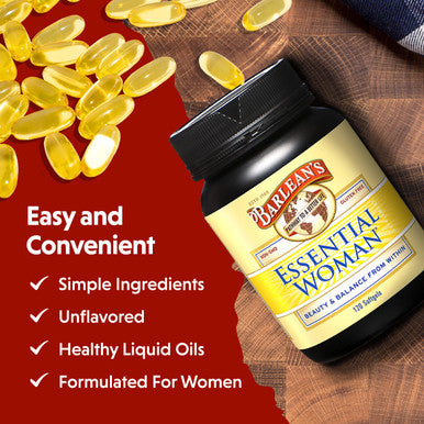 Barlean's Essential Woman Capsules Hormonal Balance Supplement For Women Flaxseed Evening Primrose Oil & Soy Isoflavones Omega 3 6 9 And Gla For Healthy Hair And Skin 120 Count