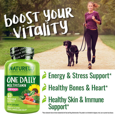 NATURELO One Daily Multivitamin for Women Energy Support - Whole Food Supplement to Nourish Hair Skin Nails Gluten Free 120 Capsules