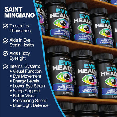 Saint Mingiano Eye Health & Vision Vitamins Supplement 60 Capsules - Supports Eye Strain, Dry Eyes, And Vision Health - Supports Vision, Ocular And Macular Health, Aids Blue Light Strain - 14 Active Ingredients.