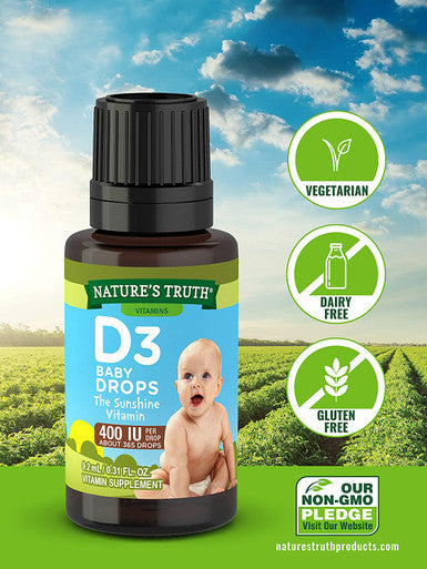 Vitamin D Drops for Infants | 400 IU | 9.2 mL | D3 Drops for Kids | Vegetarian, Non-GMO, Gluten Supplement | by Nature's Truth