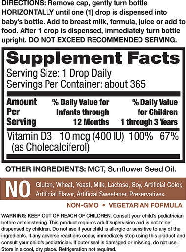 Vitamin D Drops for Infants | 400 IU | 9.2 mL | D3 Drops for Kids | Vegetarian, Non-GMO, Gluten Supplement | by Nature's Truth