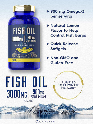 Carlyle Fish Oil 3000mg | 900mg Omega 3 | 200 Softgels | Lemon Flavor | Non-GMO and Gluten Supplement