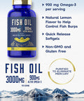 Fish Oil 3000Mg | 900Mg Omega 3 | 200 Softgels | Lemon Flavor | Non-Gmo And Gluten Free Supplement