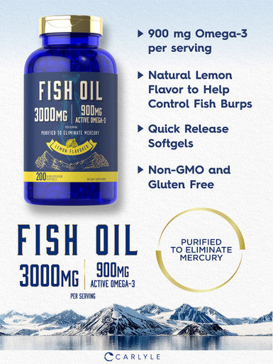 Fish Oil 3000Mg | 900Mg Omega 3 | 200 Softgels | Lemon Flavor | Non-Gmo And Gluten Free Supplement