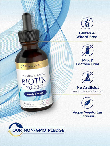 Carlyle Liquid Biotin 10000mcg | 2 oz | Extra Strength Drops | Vegetarian Non-GMO Gluten Supplement
