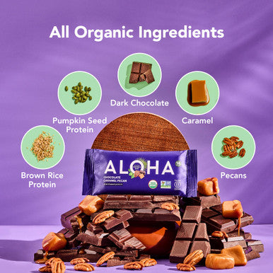 ALOHA Organic Plant Based Protein Bars | Chocolate Caramel Pecan | 12 Count 1.98oz Bars | Vegan Low Sugar Gluten Free Paleo Friendly Low Carb Non-GMO Stevia Free Soy Free No Sugar Alcohol Sweeteners