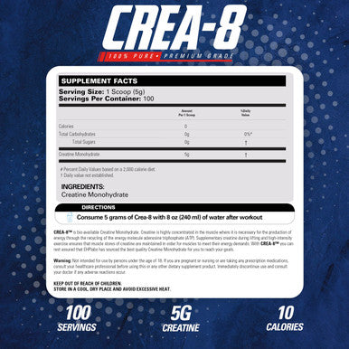 EHP Labs CREA 8 Creatine Monohydrate Powder Unflavored Creatine Powder for Muscle Growth Increased Strength Enhanced Energy Output and Improved Performance 100 Servings 500g
