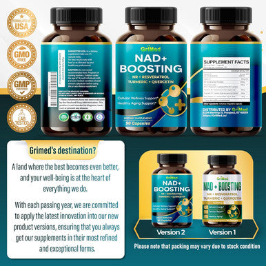 Grimed Nad + Boosting 16,550Mg- X12 Power With Nr + Resveratrol Turmeric + Quercetin - Cellular Energy, Cellular Repair, Healthy Aging - Usa Made & Tested (90 Count (Pack Of 1))