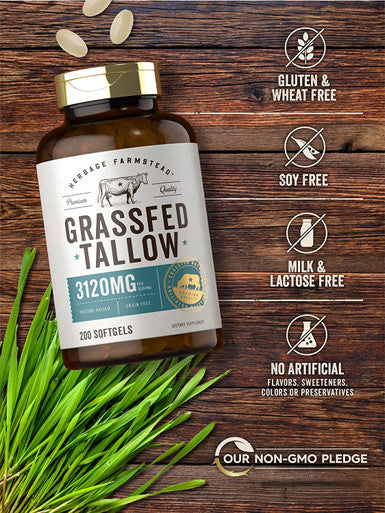Grass Fed Beef Tallow 3120mg | 200 Softgel Capsules | Pasture Raised Bovine Supplement | Non-GMO, Gluten Free | by Herbage Farmstead