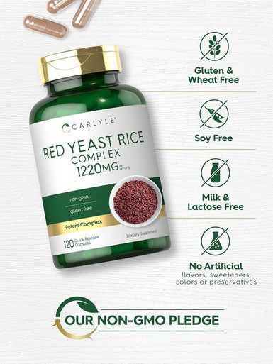 Carlyle Red Yeast Rice Complex | 1220mg | 120 Capsules | with Policosanol | Non-GMO and Gluten Supplement
