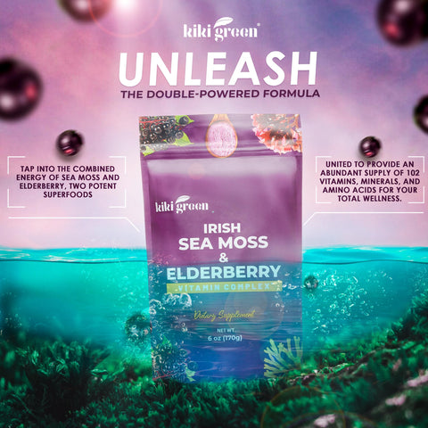 KIKI Green Sea Moss Powder with Elderberry Vegan Superfood Multivitamin Blend for Immune Boost and Support Add to Smoothies Juice 6 oz