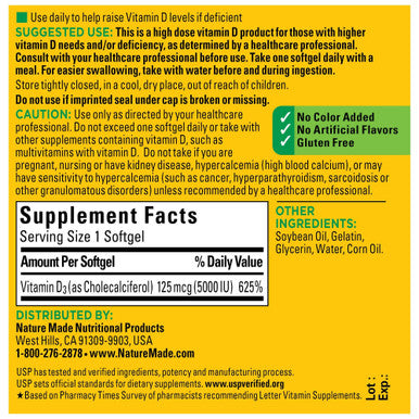 Nature Made Extra Strength Vitamin D3 5000 Iu (125 Mcg) Dietary Supplement For Bone Teeth Muscle And Immune Health Support 180 Softgels 180 Day Supply