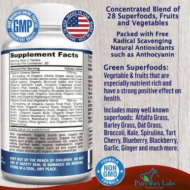 YUMMYVITE Fruit And Veggie Superfood Greens - 28 Fruits And Vegetables Incl. Alfalfa, Barley Grass, Spirulina, Beet Root, Tart Cherry, Concentrated Natural Antioxidants- 60 Tablets