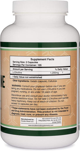 L Citrulline Capsules 1200mg Per Serving 210 Count LCitrulline Increases Levels of LArginine and Nitric Oxide Muscle Recovery Supplement Improve Muscle Pump by Double Wood Supplements