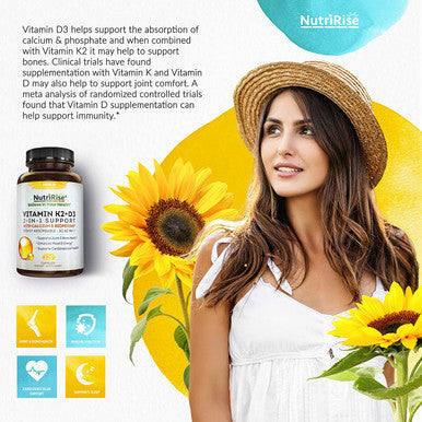 Vitamin K2 D3 Supplement with Calcium 5000 IU GlutenFree Immune Energy Support Vegetarian Capsules to Support Joint Comfort Maximum Potency Absorption with BioPerine