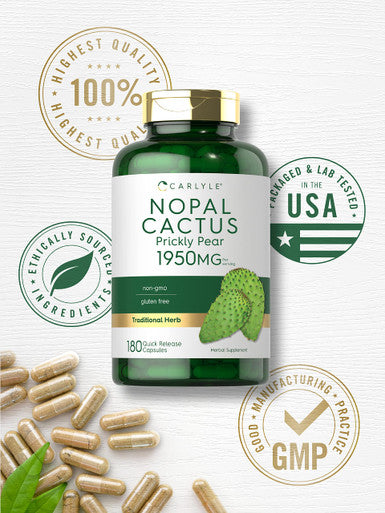Nopal Cactus 1950 Mg | 180 Capsules | Prickly Pear | Non-Gmo, Gluten Free | By Carlyle