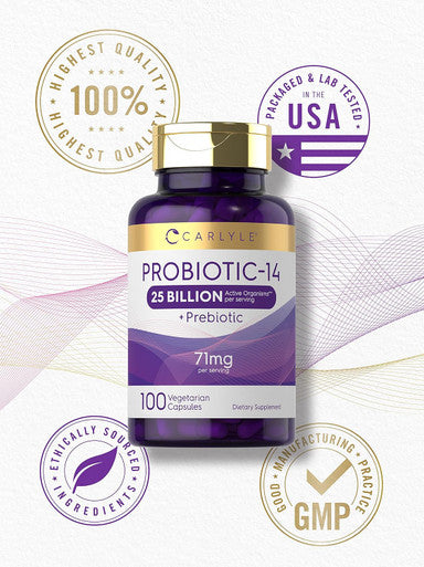 Carlyle Probiotics 25 Billion CFU | with Prebiotics | 100 Capsules | Vegetarian Non-GMO & Gluten Supplement | for Men & Women