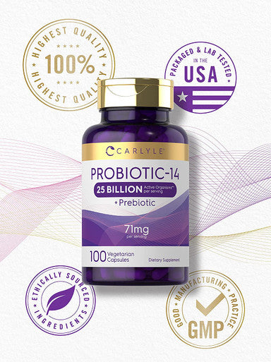 Carlyle Probiotics 25 Billion CFU | with Prebiotics | 100 Capsules | Vegetarian, Non-GMO, & Gluten Free Supplement | for Men & Women