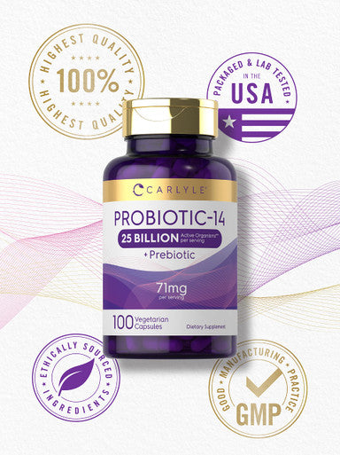 Carlyle Probiotics 25 Billion Cfu | With Prebiotics | 100 Capsules | Vegetarian, Non-Gmo, & Gluten Free Supplement | For Men & Wo