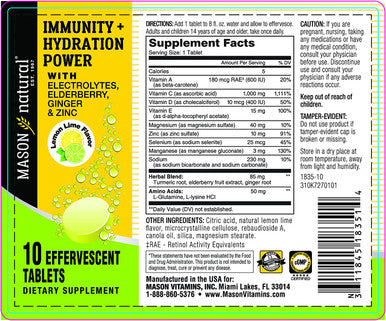 Mason Natural Immunity and Hydration Power with Electrolytes, Elderberry, Ginger and Zinc - Immune System Booster, Nutritious Hydration, 10 Effervescent Tablets