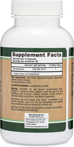 Serrapeptase 240000 SPU Max Potency 120 Vegan Capsules Proteolytic Enzyme for Sinus Respiratory and Joint Health Manufactured and Tested in The USA by Double Wood Supplements