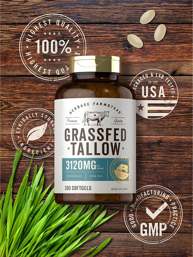 Grass Fed Beef Tallow 3120mg | 200 Softgel Capsules | Pasture Raised Bovine Supplement | Non-GMO, Gluten Free | by Herbage Farmstead