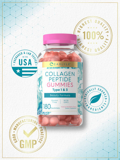 Carlyle Collagen Peptide Gummies 180 Count | Strawberry Flavor Beauty Supplement | Hydrolyzed Collagen For Women & Men | Type 1