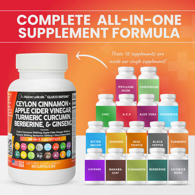 Ceylon Cinnamon 3000mg Turmeric 3000mg Apple Cider Vinegar 3000mg Ginseng 2000mg Berberine 1200mg Plus Bitter Melon Gymnema Milk Thistle Fenugreek Aloe Vera - 60 Caps