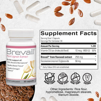 Barlean's Brevail Plant Lignan Extract Capsules Proactive Breast Health Supplement With 50 Mg Sdg Lignans From Flax Seed Hulls For Healthy Estrogen Balance and Pms Mood Support Pills 30 Count