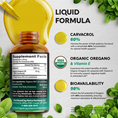 NUTRAHARMONY Usda Organic Oil Of Oregano - Liquid Drops With Vitamin E - Made In Usa - Supplement For Immune Support, Digestion Health & Antioxidant - Non-Gmo, Natural, Vegan - As Pills, Capsules, Softgels 1 Fl Oz
