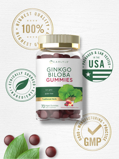 Carlyle Ginkgo Biloba 300Mg | 70 Gummies | 45:1 Leaf Extract | With Natural Peach Raspberry Flavor | Vegan, Non-Gmo, Gluten Free