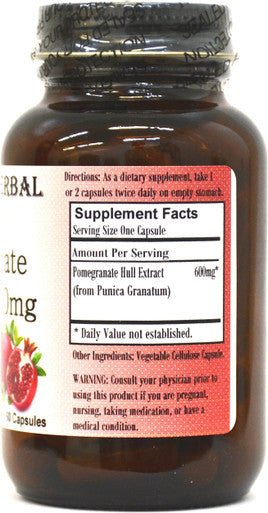 Barlowe's Herbal Elixirs Pomegranate Extract 40% Ellagic Acid - 60 600mg VegiCaps - Stearate Free, Glass Bottle!