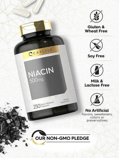 Carlyle Niacin 500mg | 250 Capsules | Non-GMO, Gluten Free