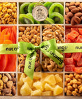 NUT CRAVINGS - Purim Mishloach Manot Dried Fruit & Mixed Nuts Gift Basket in Reusable Wooden Tray + Ribbon (12 Assortments) Ramadan Gifts Food Arrangement, Healthy Snack Care Package, Kosher