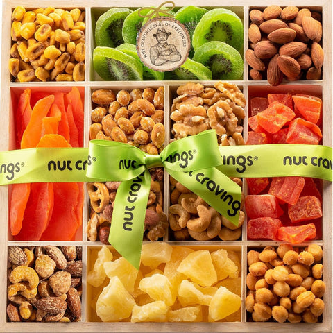 NUT CRAVINGS - Purim Mishloach Manot Dried Fruit & Mixed Nuts Gift Basket in Reusable Wooden Tray + Ribbon (12 Assortments) Ramadan Gifts Food Arrangement, Healthy Snack Care Package, Kosher