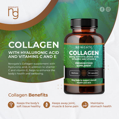 Newgate Labs Marine Collagen 350Mg With Hyaluronic Acid, Vitamin C & Vitamin E - Advanced Nutritional Supplement - 90 High Strength Capsules - Health Wellness Support - Gmo Free - Halal