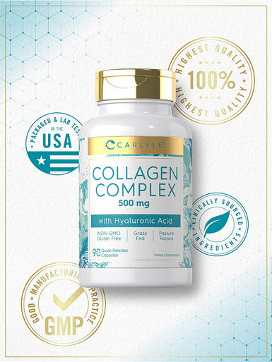 Carlyle Collagen with Hyaluronic Acid 500mg | 90 Capsule Pills | Hydrolyzed Collagen Supplement | Non-GMO, Gluten Free