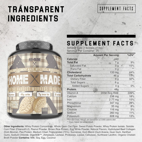 Axe & Sledge Supplements Home Made Whole-Foods-Based Meal Replacement Powder With Digestive Enzymes Protein Carbohydrates And Fats 25 Servings (Peanut Butter Cookie)