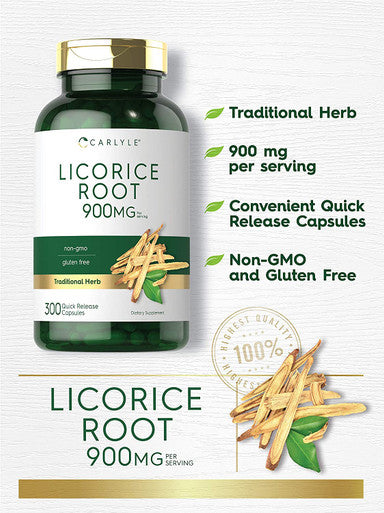 Carlyle Licorice Root Capsules 900mg | 300 Count | Root Extract Supplement | Non-GMO, Gluten Free