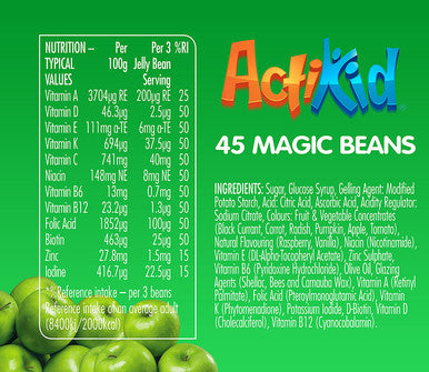 Actikid Magic Beans Multivitamin 45X Apple Flavour, Gelatine Free, Vitamins For Children, Immune System Booster