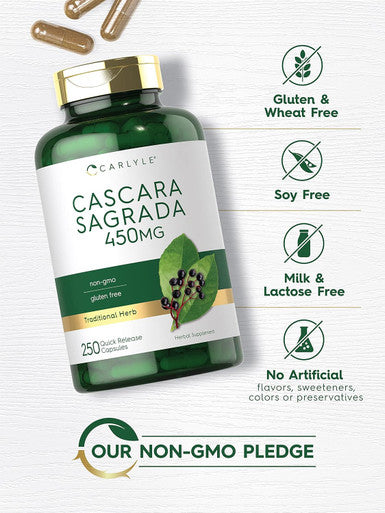 Carlyle Cascara Sagrada Capsules | 450 mg | 250 Count | Herbal Supplement | Non-GMO Gluten