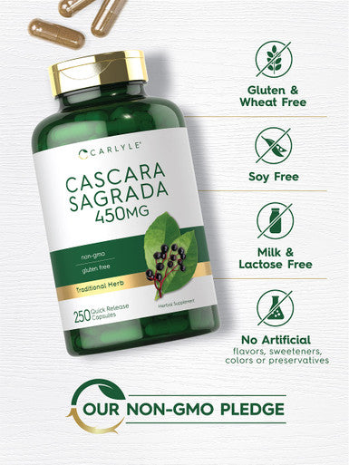 Cascara Sagrada Capsules | 450 Mg | 250 Count | Herbal Supplement | Non-Gmo, Gluten Free | By Carlyle